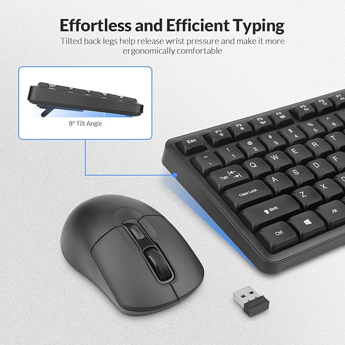Wireless Keyboard and Mouse,Rii RK209 2.4G Full-Sized Quiet Wireless Ergonomic Keyboard,Quiet Typing and Clicking,Adjustable 5000 DPI Mouse for PC, for Windows,Mac