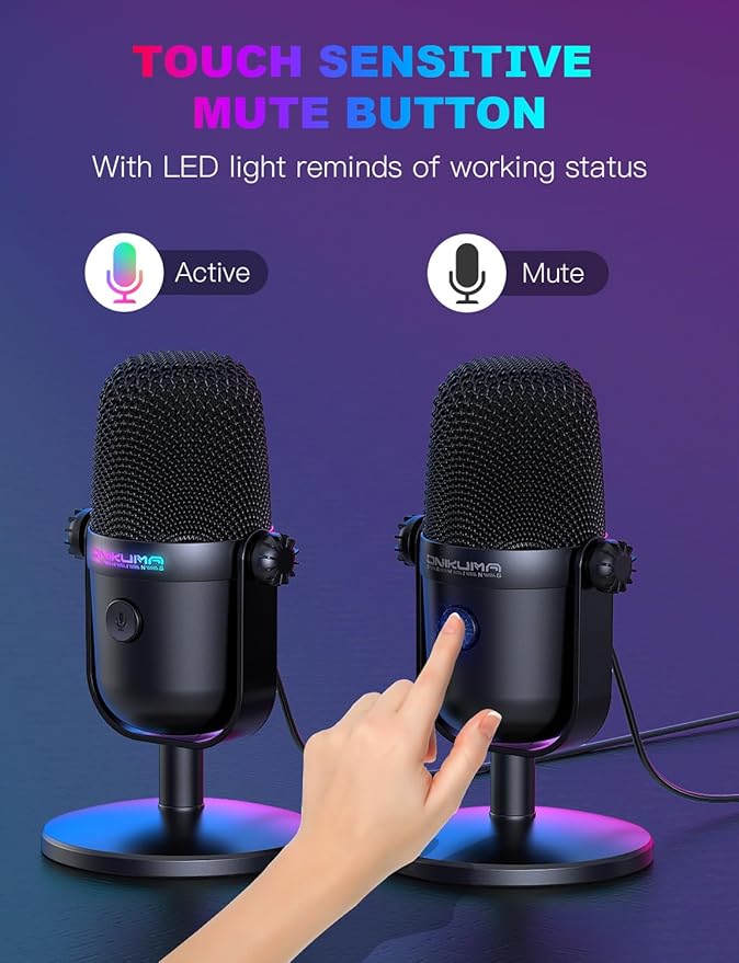 Gaming Microphone with Noise Cancellation & Mute Button, USB Condenser Mic for Streaming/Recording, Ultra-Compact Design, Compatible with PC/Mac/PS4/PS5, Podcast/YouTube/Twitch/Discord (Black)