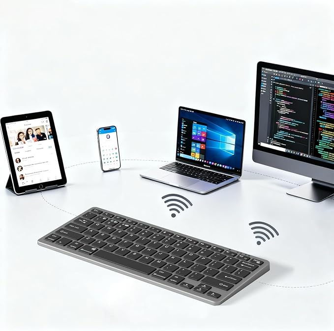 kenke Wireless Keyboard, 2.4GHz / Bluetooth 1.0/2.0 Wireless Keyboard, Low Profile & Lightweight, 78 Key, Fluid Precise Quiet Typing, Supports Bluetooth Connection, USB Rechargeable, Silvery Black