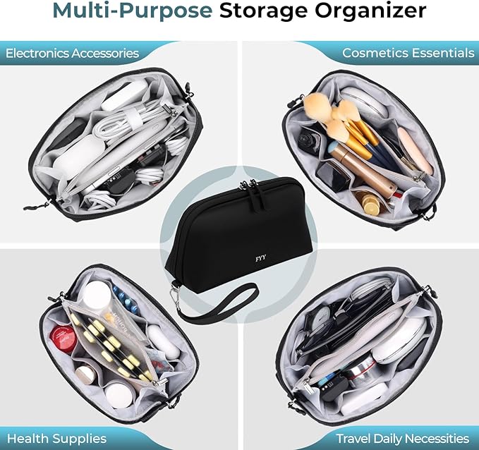 FYY Travel Cable Organizer - 8 Compartments Lightweight Water Resistant Tech Pouch with Wrist Strap Portable Electronic Accessories Case for Cord Charger Storage for Travel Home Office Black (Medium)