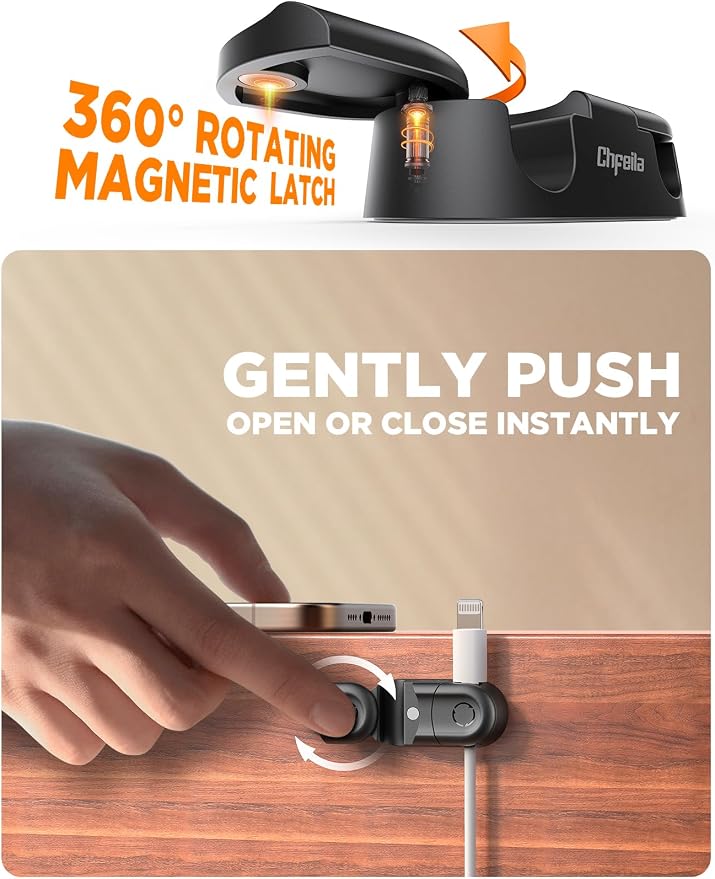 Magnetic Cable Clips - Chfeila 8Pack [Dual Slot] [360°Rotating & Twist-Lock] Cord Management, Adhesive Phone Charging Keeper, Wire Organizer Holder for Nightstand, Home Office Desk Accessories Decor - Image 2