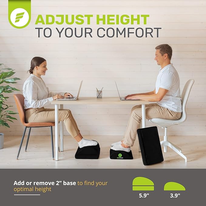 ErgoFoam Chiropractor-Endorsed Orthopedic Teardrop Design 2in1 Adjustable Under Desk Foot Rest for Lumbar Back Knee Pain (Black)