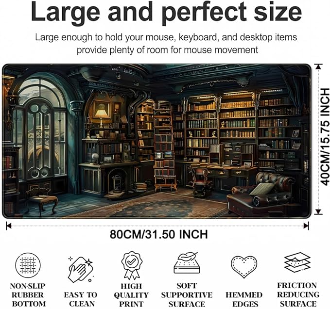 Dark Gothic Desk Mat Gaming Desk Pad Large Mouse Pad, Magician'S Fantasy Bookcase Gothic Mouse Mat XXL Laptop Keyboard Pad, Laptop Keyboard and Mouse Mat Desktop Protector Mat 31.5 X 15.7 in