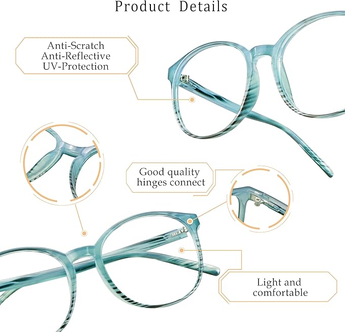 LifeArt Round Blue Light Blocking Glasses, Computer Glasses, Gaming Glasses, TV Glasses for Women Men (Striped Blue, 2.00 Magnification)