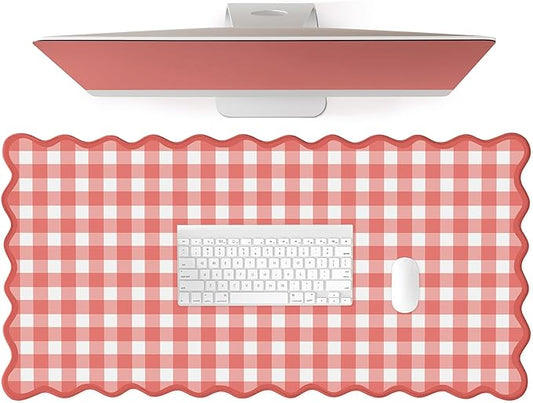 Scalloped‌ Checkered Gingham Desk Mat Cute Red XXL Large Mouse Pad Kawaii Cottagecore ‌Vintage‌ Rustic Girly Keyboard Computer Mat Pad Aesthetic Cozy Office Desk Decor for Women