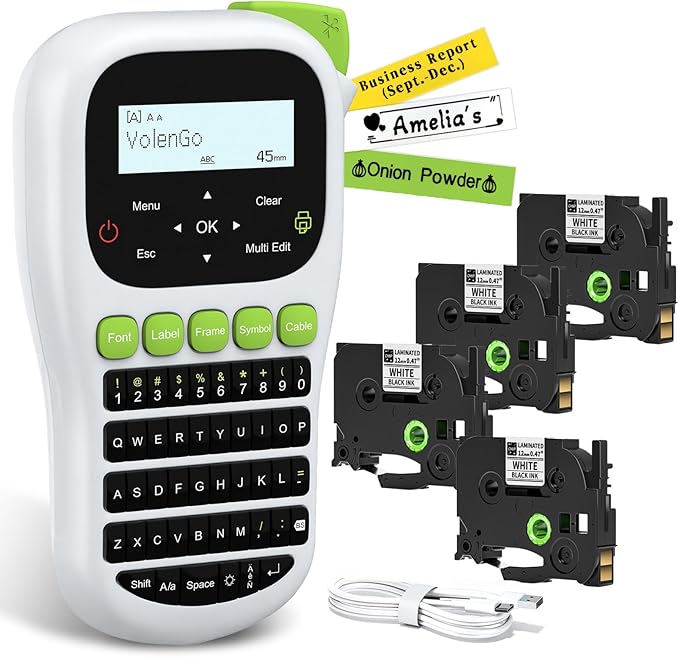 H1100 Label Maker, Labeler Machine with 4 Tapes 12mm Laminated, Backlit Handheld Labeling Maker, Portable Label Printer for Home, Waterproof Removable Freezer Food-Labels for Jars/Containers/Bottle