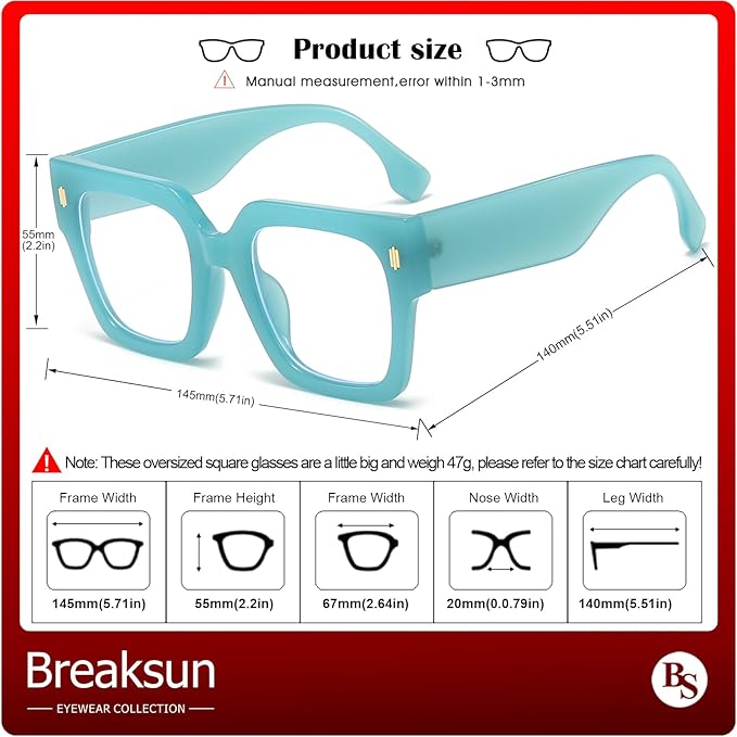 Breaksun Fashion Oversized Blue Light Blocking Glasses for Women Men Trendy Big Square Frame Computer Eyeglasses