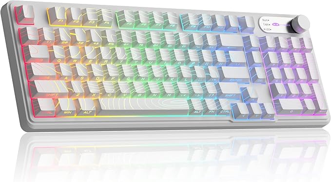 MageGee GK960 Wireless Gaming Keyboard, RGB Tri-Mode Wired/BT/2.4G Creamy Keyboard with Number Pad, 4000mAh Battery, Knob Control, Side Printed Keycaps, 19-Key Rollover for Win/Mac (White Topographic)