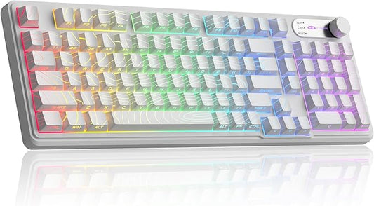 MageGee GK960 Wireless Gaming Keyboard, RGB Tri-Mode Wired/BT/2.4G Creamy Keyboard with Number Pad, 4000mAh Battery, Knob Control, Side Printed Keycaps, 19-Key Rollover for Win/Mac (White Topographic)