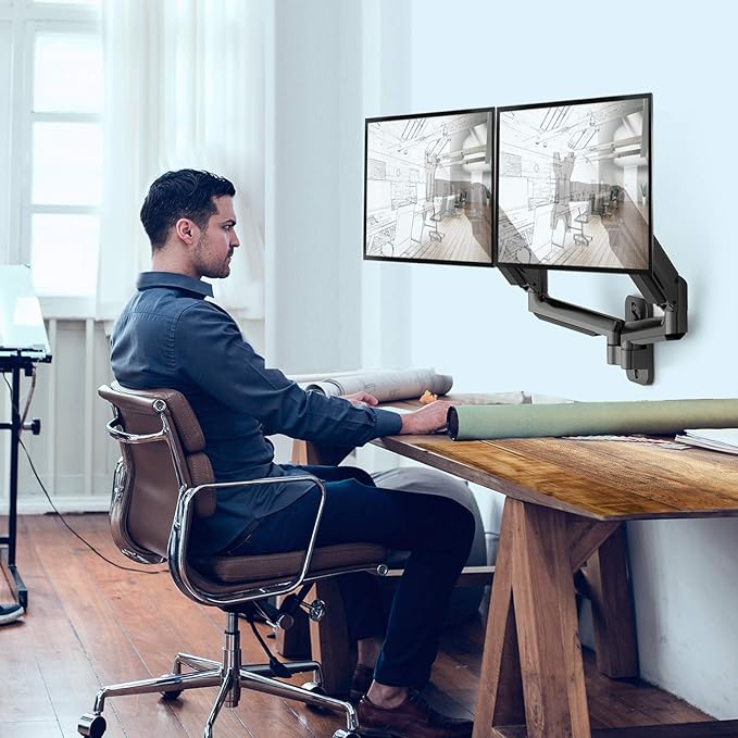 HUANUO Gaming Dual Monitor Wall Mount for 17-32 Inch Computer Screen Mount (4.4-17.6lbs Per Arm) - VESA 75x75/100x100 Height Adjustable Stand for Dual Monitors - Home Office Desk Setup