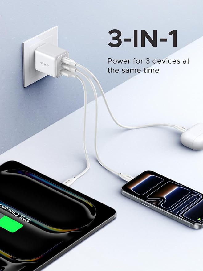 UGREEN 3-Port 30W USB C Charger, GaN II Compact iPhone Charger Fast Charging, Type C Power Adapter for iPhone 17/16/15 Series, Samsung Galaxy S25/24/23, iPad, White