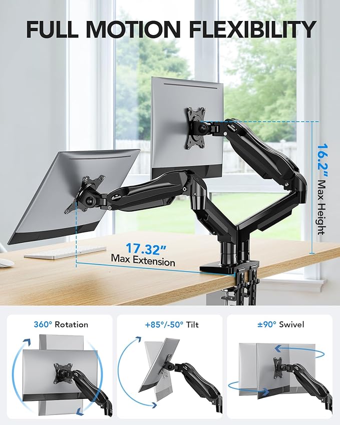 HUANUO FlowLift™ Dual Monitor Stand, Fully Adjustable Gaming Monitor Desk Mount for 13–30″ Computer Screens, Full Motion VESA 75x75/100x100 with C-Clamp & Grommet Base, Each Arm Holds 4.4 to 19.8 lbs