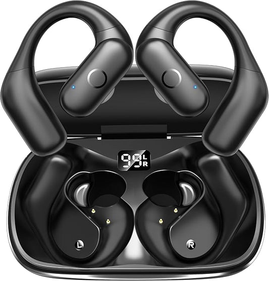 kurdene Active Noise Cancelling Wireless Earbuds Bluetooth Headphones for Sport, Digital Display, 66H Playtime, Deep Bass Sound Ear Buds, Open-Ear Secure Fit for Running, Workout-Black