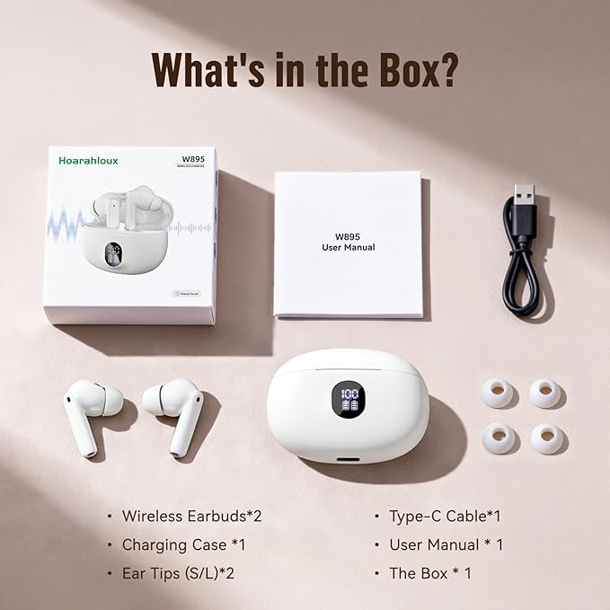 Wireless Earbuds, Bluetooth 5.4 Headphones Bass Stereo, Ear Buds with Battery LED Display in Ear Earphones Clear Calls, Bluetooth Earbuds for Laptop/Phones/Sports (White)