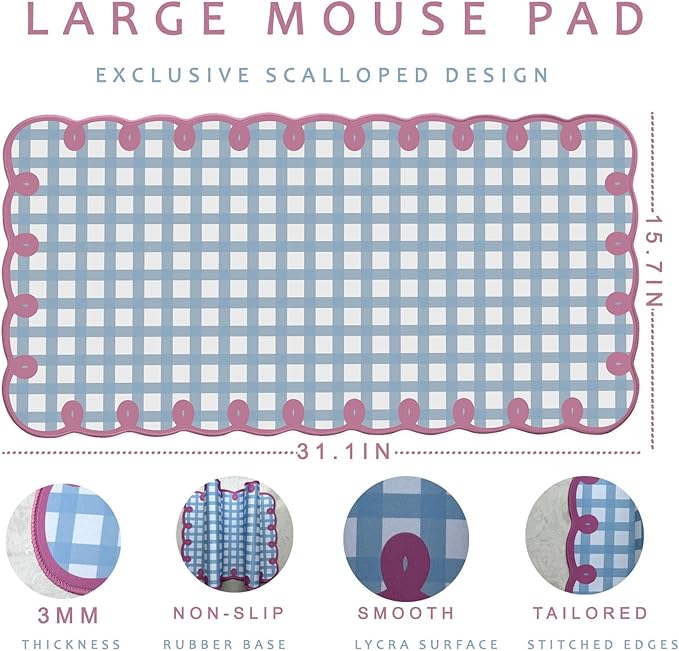 Cute Pink Blue Scalloped Desk Mat Pastel Checkered Large Mouse Pad Kawaii Aesthetic Retro Vintage Cottagecore Office Girl Desk Decor Stitched Pad for Computer Keyboard & Mouse 31 * 15.7in