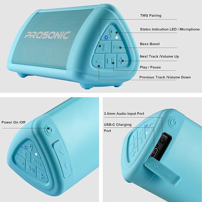 Prosonic BT3 Portable Wireless Bluetooth Speaker with 10W Stereo Sound & Bass Boost -Rich Sound & Intense Bass -Bluetooth 5.0 -Microphone -IPX5 -in & Outdoor Speaker (Blue)