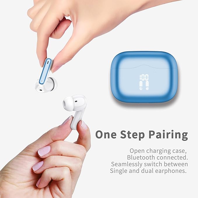 Wireless Earbuds, 2026 Bluetooth 5.4 Ear Buds in Ear with 4 ENC Noise Cancelling Mic, New Wireless Earphones HiFi Stereo Deep Bass 40H Playtime, In-Ear Bluetooth Earbuds LED Display IP7, Lake Blue
