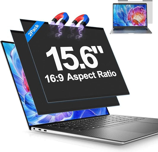 2Pack Magnetic Laptop Privacy Screen Filter 15.6 inch for 16:9 Widescreen Computer Monitor, Removable Anti Blue Light Privacy Shield, Anti-Glare Protector