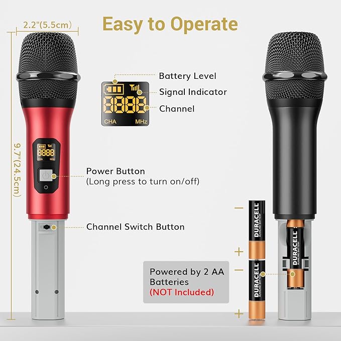 TONOR Wireless Microphones System, 2*15 Channel Metal Professional UHF Cordless Dynamic Handheld Mics with Receiver for Home Karaoke, Meeting, Party, Church, DJ, Wedding, KTV, 200ft, TW-820 Black&Red