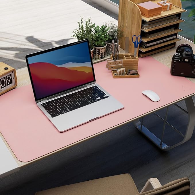 K KNODEL Leather Desk Pad Protector, Office Desk Mat, Large PVC Leather Desk Blotter, Non-Slip Mouse Pad (Pink, 17" x 35.4")