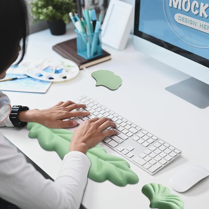 Ergonomic Keyboard Wrist Rest, Leaf Shape PU Leather Memory Foam Wrist Support for Computer Keyboard, Keyboard Pad and Cute Mouse Wrist Pad for Gaming,Office,Computer,Typing Pain Relief, Pastel Green