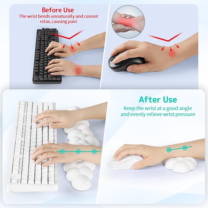 Sushret Cloud Wrist Rest for Keyboard and Mouse, Memory Foam PU Leather Keyboard Wrist Rest with Ergonomic Support, Non-Slip Base, Cute Arm Rest Pad & Palm Cushion, Office Desk Accessory, White