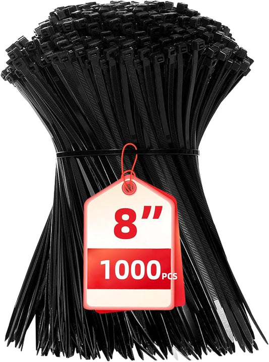Zip Ties 8 inch, 1000 Pack Black Zip Ties, Self-Locking Nylon Cable Ties with 40 lbs Tensile Strength,Wire Ties for indoor and outdoor use. by HAVEMETD
