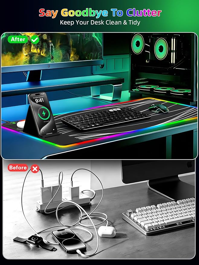 Mouse Pad with Adjustable Phone Stand Dual Wireless Charger, 15W Fast Charging Desk Mat, Extra Large 31.5x15.75 Waterproof Desk Pad for iPhone Samsung Air-Pods, Gaming Mousepad w/ 11&4 RGB