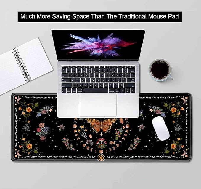 Gothic Moth Desk Pad Mat, Black Orange Large Mousepad, Moon Phases Desk Matt for Desktop, Suitable for Work, Gaming, Office, Home, Computer Accessories, 31.5 X 11.8 in, Floral Plant Aesthetic