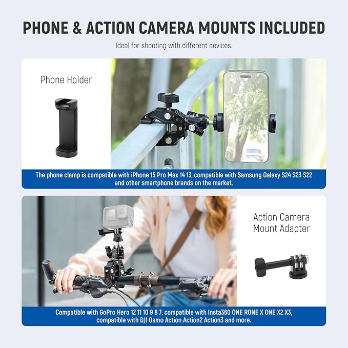 Neewer Super Clamp with Ballhead, Cold Shoe, Phone Holder and Action Camera Mount Adapter for Flat/Round Surface Compatible with GoPro DJI iPhone 15 Pro Max, ST87 - Image 6