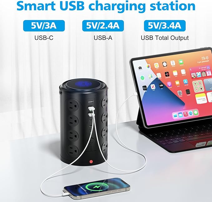 Tower Power Strip with 15W Wireless Charger, 20FT Extension Cord, 16 AC Outlets & 5 USB Ports (2 USB C) - Surge Protector for Office, Home, Dorm Room (Black)