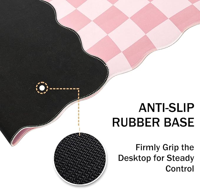 L-SPOUTTO Pink Mouse Pad,Geometric Desk Mat XXL Large Scalloped Gaming Mousepad,35.4x15.7in Non-Slip Rubber Base Keyboard Pad Waterproof Desktop Mat for Laptop Computer Game Home Office-Checkered