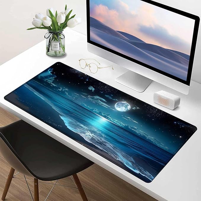 Moon Illuminating The Clear Blue Ocean Design Large Mouse pad,Large Extended Gaming Mouse Pad with Stitched Edges,Non-Slip Natural Rubber Base,Waterproof Computer Mouse Pad Keyboard Mat
