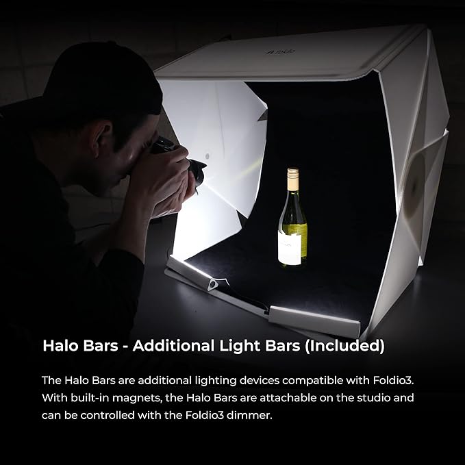 Foldio3 + Extra Lights (25inch Lightbox for Product Photography with Halo Bars / 25" x 25"/ Portable Studio, Dimmable LED Chips, CRI 97+, Background Sheet Included | ORANGEMONKIE)