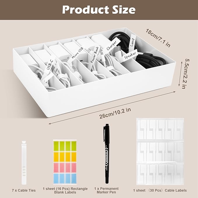 Cable Organizer Box with Wire Ties and Labels, Charger Cable Cord Storage Organizer with Adjustable Compartments, Desk Accessories Storage for Home, Office, Stackable（1Pcs）
