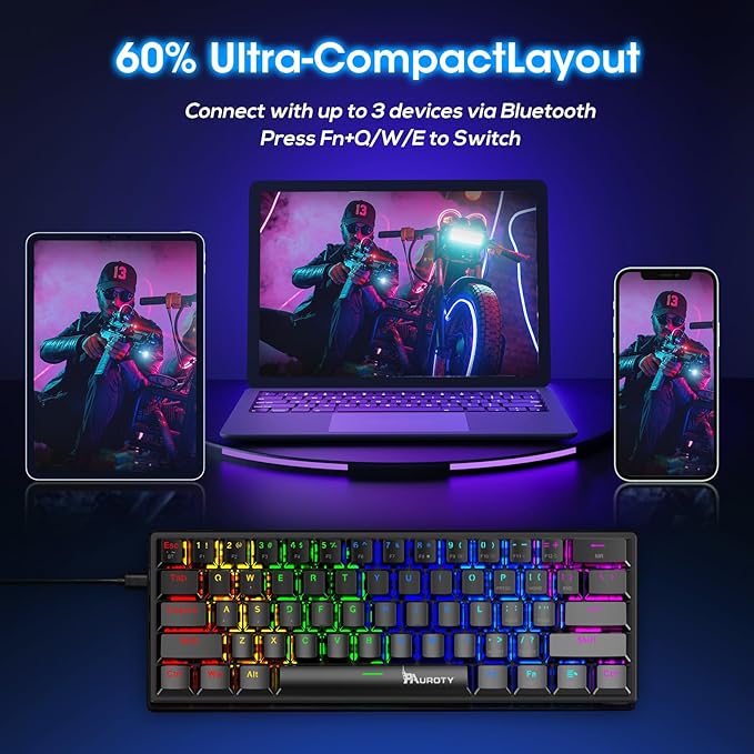 Pauroty 60% Wireless Mechanical Keyboard, Triple Mode 2.4G/USB-C/Bluetooth Gaming Keyboard, RGB Backlit, Clicky Blue Switch, 61 Keys Rechargeable Mini Wireless Keyboard for iPad Mac PC Xbox