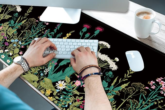 XXL Waterproof Office Desk Pad Protector 35.4x15.7 Inch - Extended Gaming Mouse Pad with Non-Slip Rubber Base, Thickened Keyboard Mat, Stitched Edges & Weeds Design