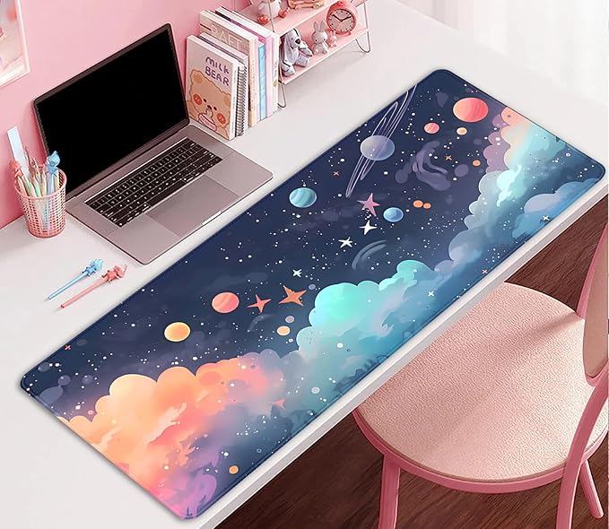 Cosmos Desk Mat Mouse Pad,Anime-Inspired Space Scene Mousepad, Cute Aesthetic Stars and Planets,Large Galaxy Mouse Pad,Cute Desk Mat for Home Work Ofiice(27.5X11.8 in)