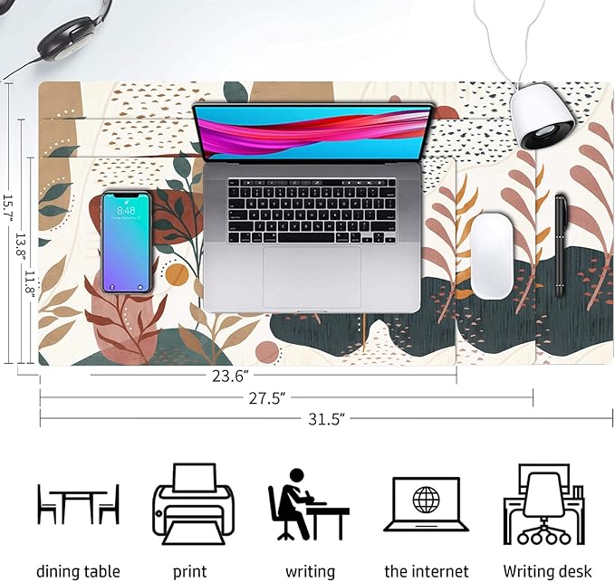 Desk Mat Large Protector Pad 27.5" ×13.8", Non-Slip PU Leather Desk Blotter, Waterproof Mouse Pad for Office Home Abstract Blossom