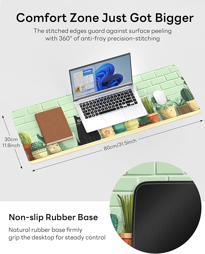 Black Cat Mouse Pad, 31.5 x 11.8 Large Desk Mat with Stitched Edges & Non-Slip Base, Mousepad for Office, Home, Work