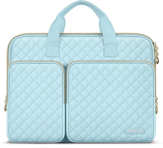 MOSISO 360 Protective Laptop Case 13.3 inch, 13-13.3 inch Laptop Sleeve Compatible with MacBook Air/Pro 13/Pro 14,HP Dell ASUS Lenovo, Square Quilted Bag Cover with 2 Pockets&Handle&Belt, Ice Blue