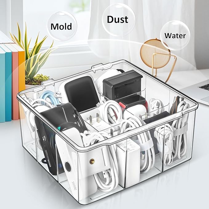 Charger and Cable Organizer Box with 10 Wire Ties, Adapter Storage Box, Plastic Charger Cable Cord Storage Organizer