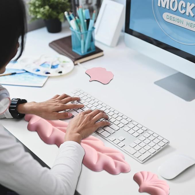 Ergonomic Keyboard Wrist Rest, Leaf Shape PU Leather Memory Foam Wrist Support for Computer Keyboard, Keyboard Pad and Cute Mouse Wrist Pad for Gaming,Office, Computer, Typing Pain Relief, Pastel Pink