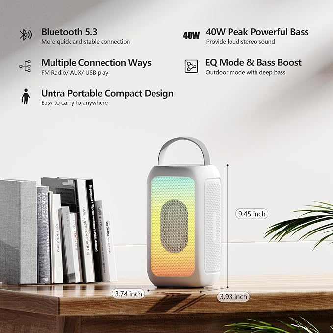 Bobtot Portable Bluetooth Speaker, 16H Playtime Wireless Speakers, Peak Singing Machine with Microphone, Magic Sound, Echo, EQ Mode (White, with 1 Mic)