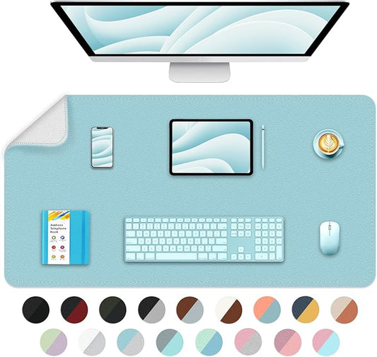 Bleswin Multifunctional Large Desk Mat, Double Sided Computer Desk pad, Extended Mouse Mat, Office Desk Protector with Waterproof PU Leather, 35.4''×16.9'', Office Home Writing Pad (Blue+Slivery)