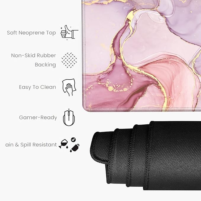 Gaming Mouse Pad Giant 48x24 Desk Mat Oversized Large Mousepad Jumbo Huge Desk Pad Pink Marble Protector Mat XXXL Non Slip Computer Mat for Wireless Desktop Work