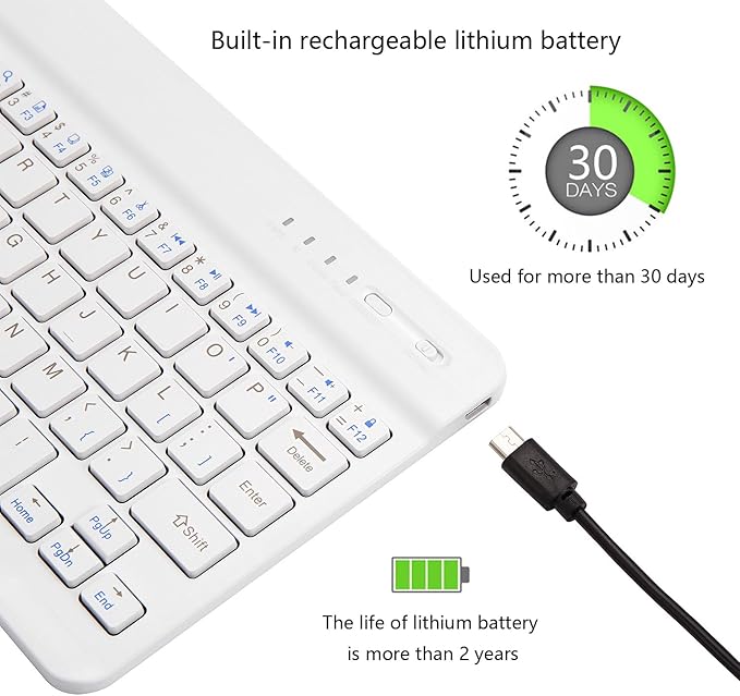 Ultra-Slim Bluetooth Keyboard Portable Mini Wireless Keyboard Rechargeable for Apple iPad iPhone Samsung Tablet Phone Smartphone iPadOS iOS Android (10 inch White)