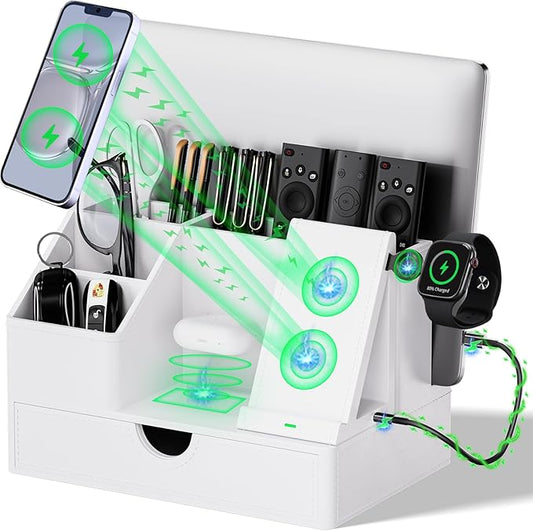 Sleek White PU Leather Charging Station with Drawer - 6-in-1 Multi-Device Desktop Organizer Docking Hub for iPad, Tablet, Laptop, Phone, Watch, Office Home Gift Idea