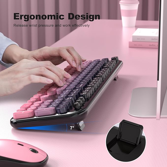 Wireless Keyboard Mouse Combo, Typewriter Full Size Keyboard with Number Pad and 2 in 1 USB Connected Mouse for PC Computer Laptop Desktop Windows 7 8 10 11 (Berry Pink)