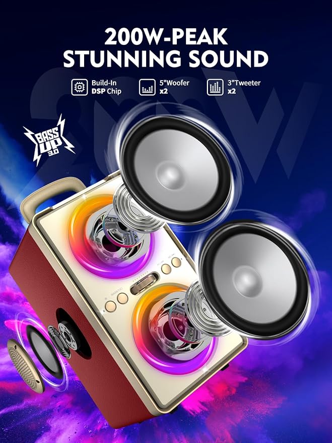 Bluetooth Speaker, 240W Peak Loud Party Speaker with Big Bass, 20H Playtime, TWS, BT5.3, Large Portable Wireless Boom Box with LED Light for Outdoor Backyard Beach Home (Leather Red)